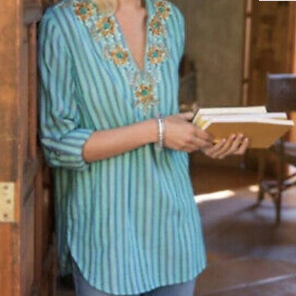 Soft Surroundings Tortola Striped Blue V Neck Beaded Boho Top Resort Vacation XL